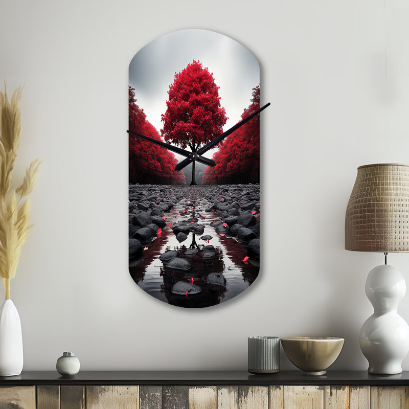 Red and Gray Forest Serenity - Horloge murale cylindrique en métal, horloge asymétrique, Petit