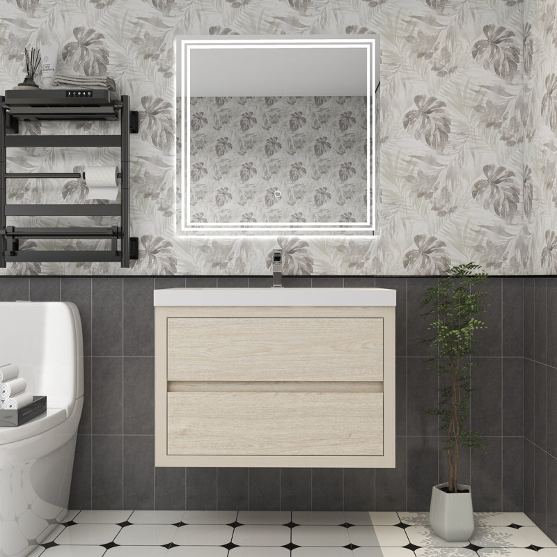 Meuble-lavabo simple 29,5 po avec plateau en acrylique Hoehne, Bois clair