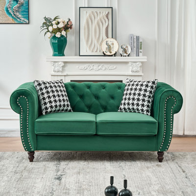 Chesterfield Velvet Upholstery Sofa With Roll Armrest And Nailhead, Mid Century Modern 2 Seater Couch For Living Room, Office, And Apartment