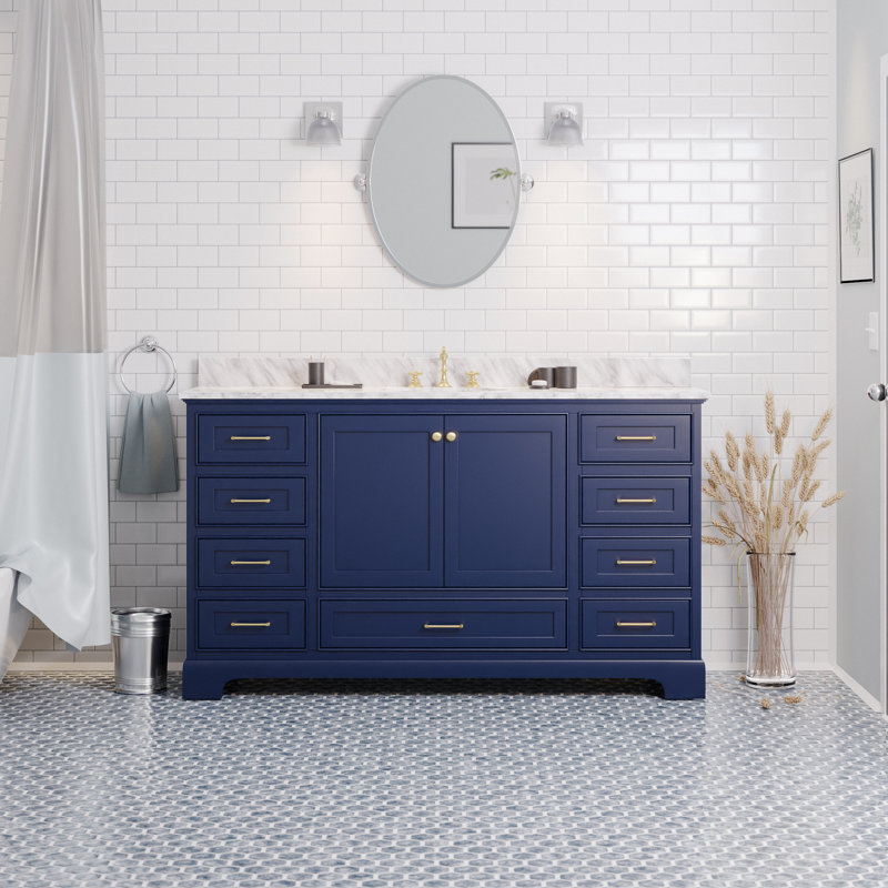 Ensemble de meuble-lavabo simple 60 po Larosa, Bleu royal, Marbre de Carrare