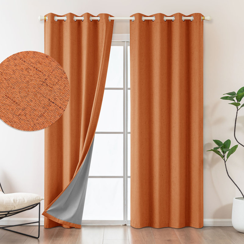 Jimmy Boho Faux Linen 100% Blackout With Liner Grommet Curtain Pair, Burnt Orange, 52" W x 96" L