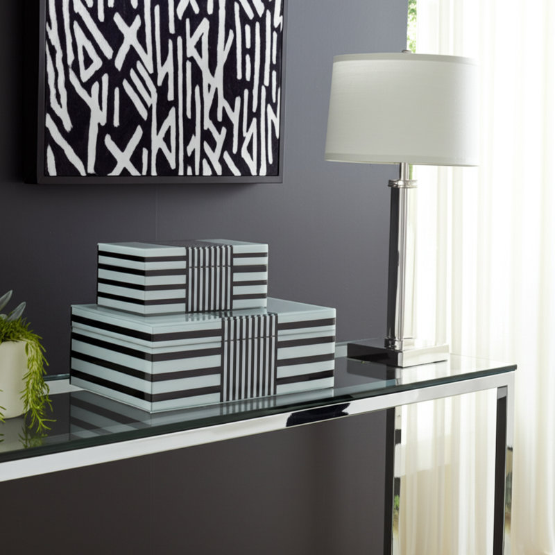 Set of 2 Decorative Storage Boxes Contemporary Black and White Striped Wooden Boxes