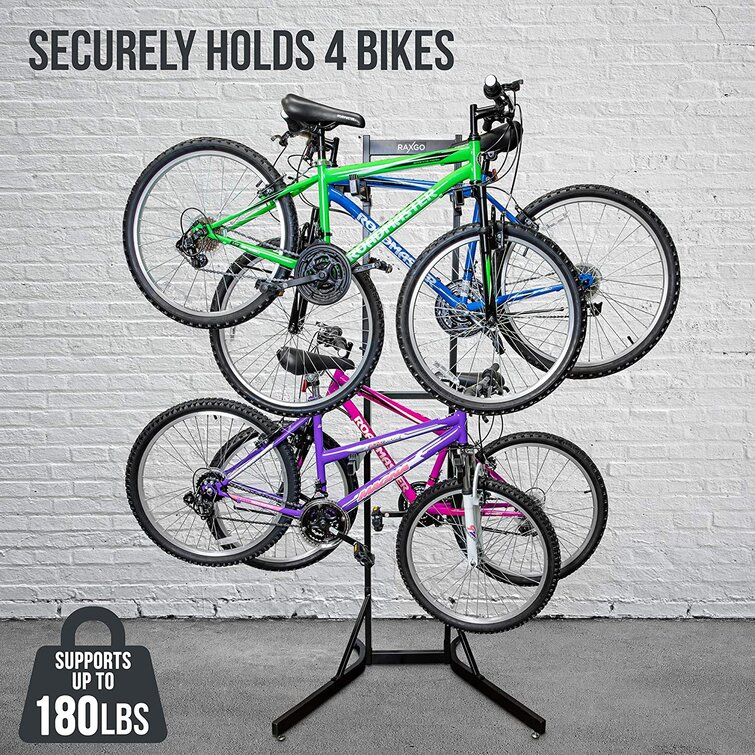 RaxGo Bike Storage Rack, 4 Bicycle Garage Floor Stand, Freestanding, Adjustable Hooks