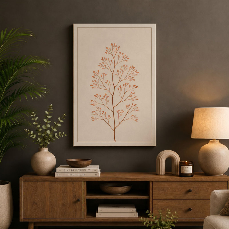 Branching Stem in Rust Botanical - Wrapped Canvas, 36x24 - 91.4 x 61.0 cm, Taupe Border