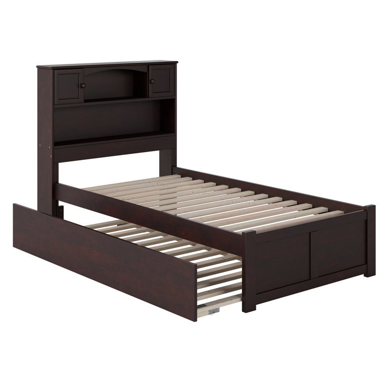 Brevyn Solid Wood Bookcase Storage Platform Bed with Footboard & Roll Out Trundle, Espresso, Twin XL
