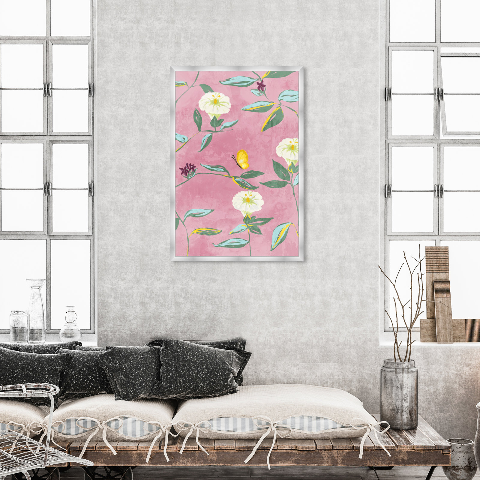 Floral Spring Tapestry Pattern Print, Silver, 47" H x 32" W
