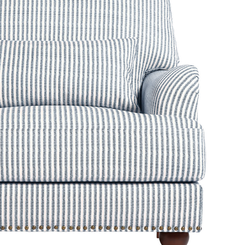 Upholstered Striped Blue Nailhead Trim Accent Chair with Throw Pillow and Solid Wood Legs (Set of 2), Pinstripe Blue Linen