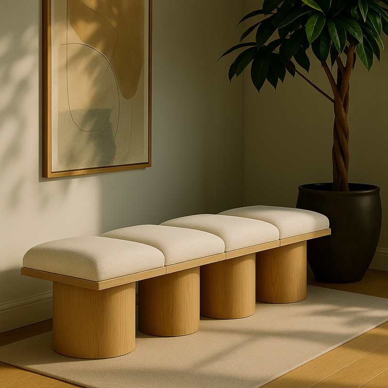 Banc rembourré Horatia, Naturel, Tissu crème bouclé, H 17,5 po x l 62 po x P 18 po