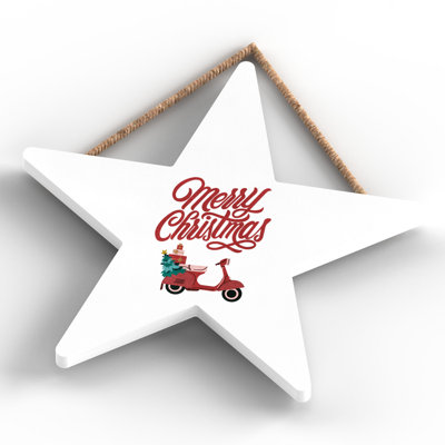 Xmas Merry Christmas Scooter Wooden Star Plaque