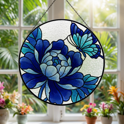 7.8"H Blue Flower Stained Glass Window Panel