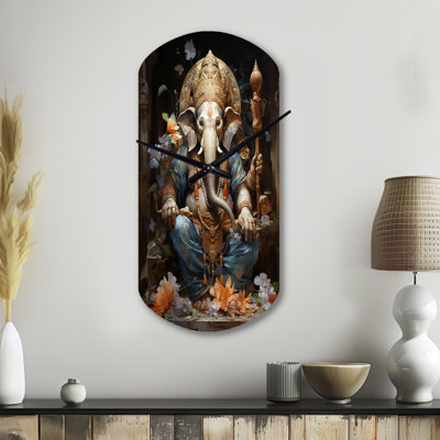 Wilcoxson Gold Grey Indian Art Mystic Ganesha - Indian Art Cylinder Metal Wall Clock, Global Asymmetrical Wall Clock Print