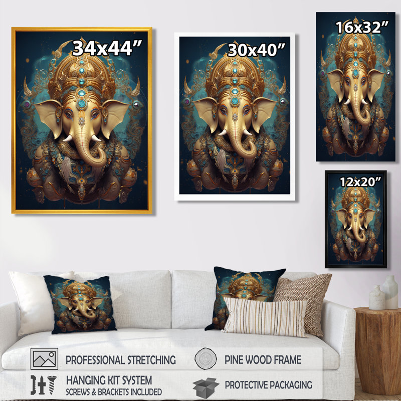 Portrait de Ganesha sur sarcelle - Art mural de l'hindouisme, Toile tendue, H 32 po x l 16 po x P 1 po
