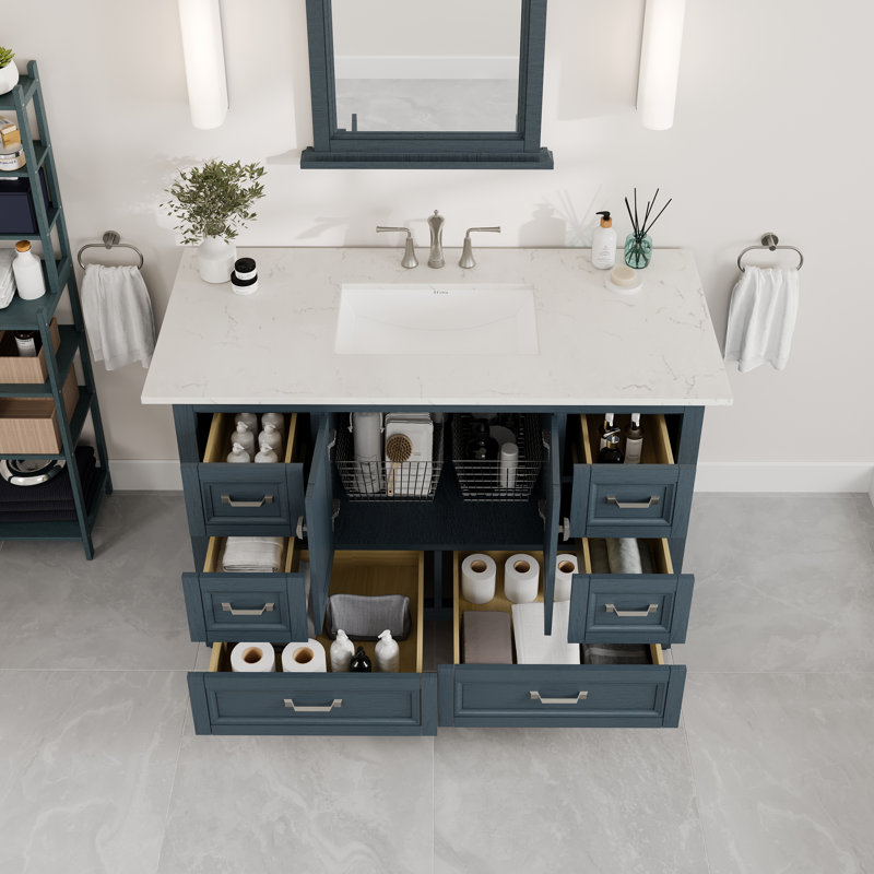 Glebs 48"W x 22"D Bathroom Vanity with Undermount Porcelain Sink, Quartz - White Carrara, Ash Blue