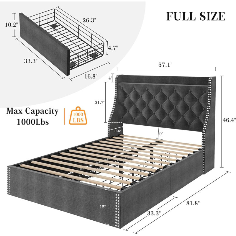 Structure de lit avec 4 tiroirs de rangement, avec ports Type-C et USB, gris, Double