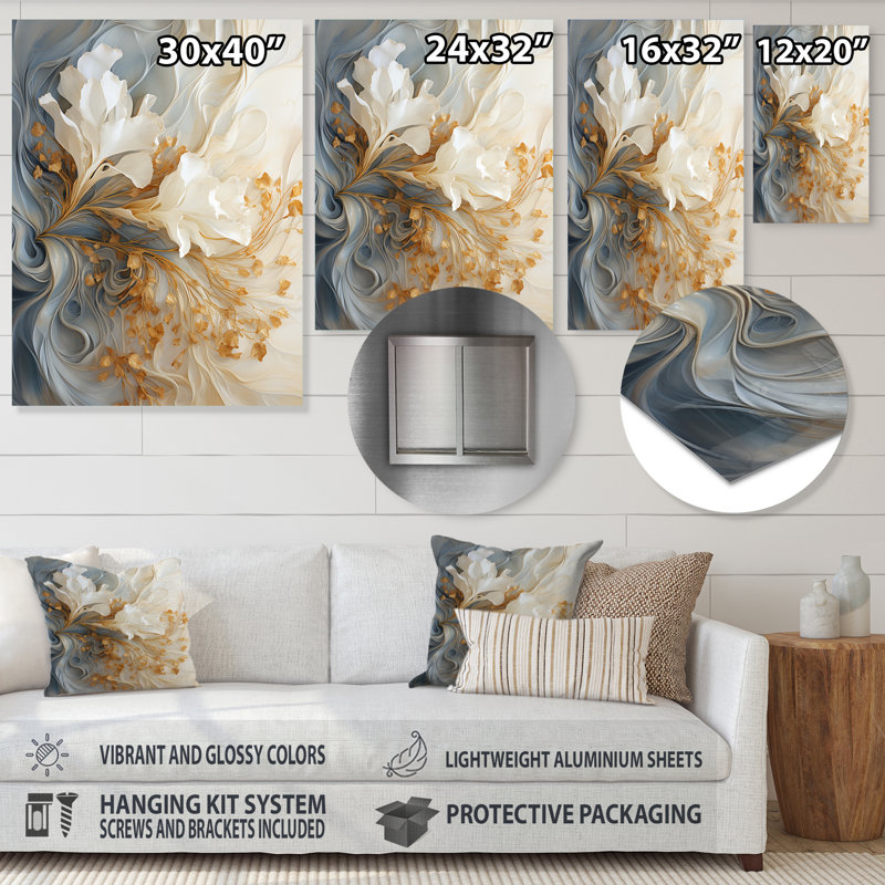 White And Gold Champagne Flow V - Champagne Metal Wall Art, Modern Flower metal print, 20" H x 12" W x 1" D