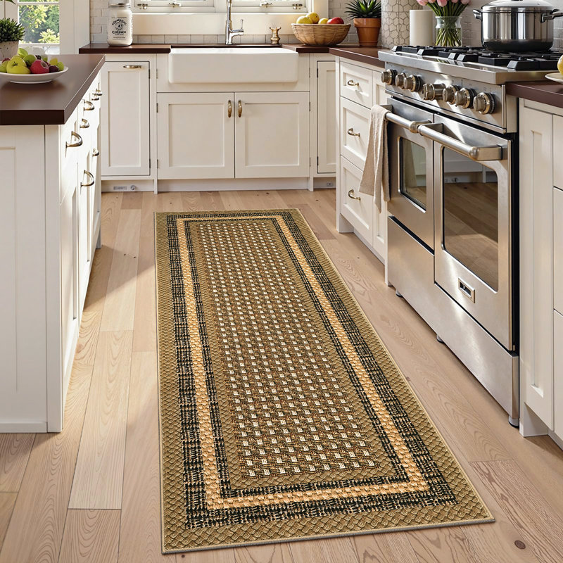 2x6 Braided Print Runner Rug for Hallway WashableModern Bordered Bedroom Carpet for Bathroom Entryway Laundry Brown, Brown