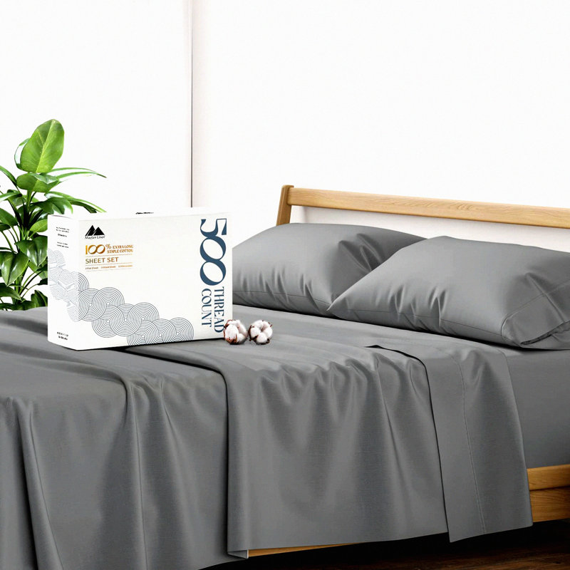 CoolCotton 500 Sheet Set - Soft Silky Sateen Weave, 3-Pc Long Staple Pure Cotton Bed Sheets for Cooling Comfort. Fits Mattress Up to 16'' Deep Pocket. Dark Grey.