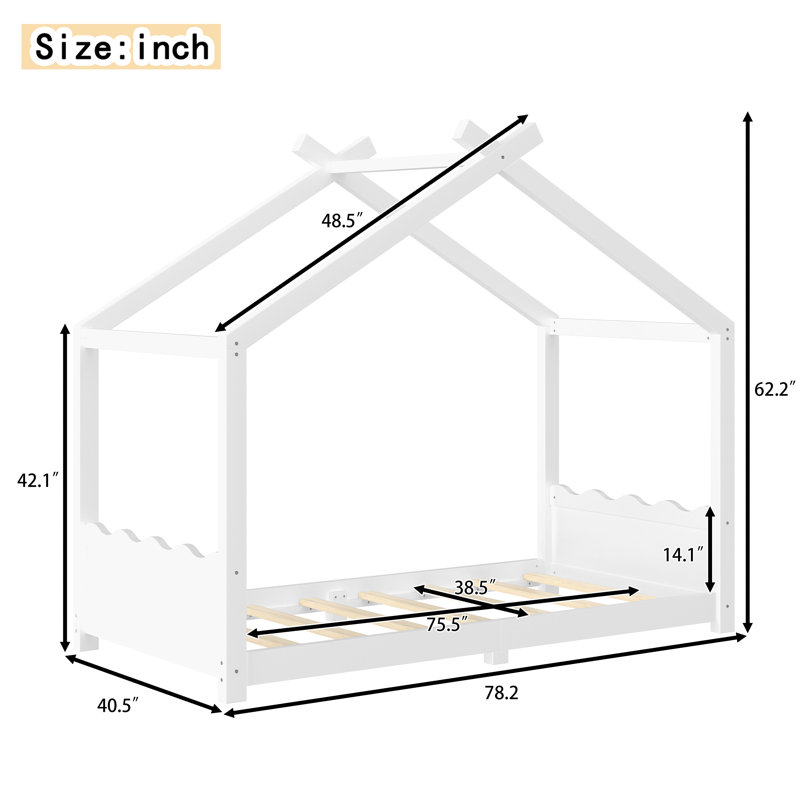 Lit simple pour enfant avec structure en bois massif, lattes de soutien, aucun sommier nécessaire, conception ouverte, blanc