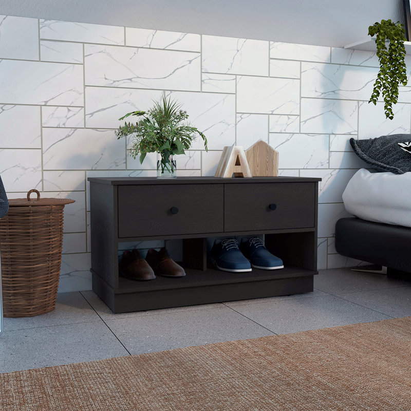 Storage Bench, Two Open Shelves, Two Drawers, Black