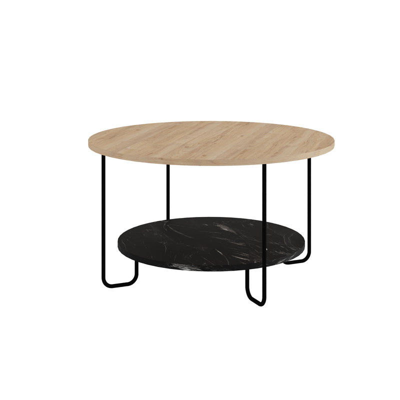 Corro Round Coffee Table with Storage Shelf, Oak Wood/Black