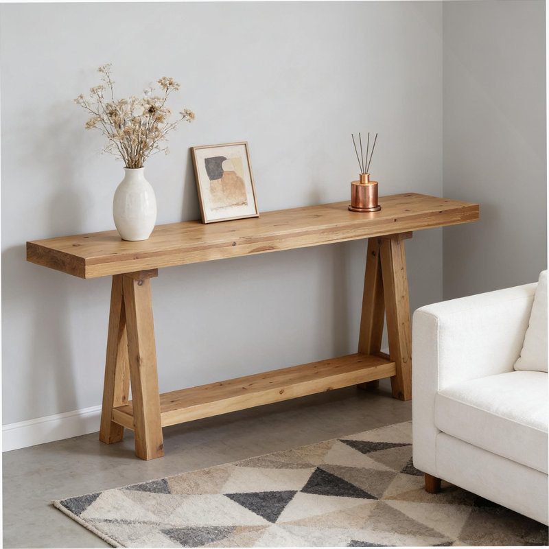 Table d'entrée en bois massif de style naturel avec rangement à deux niveaux, conception campagnarde pour une utilisation polyvalente à la maison