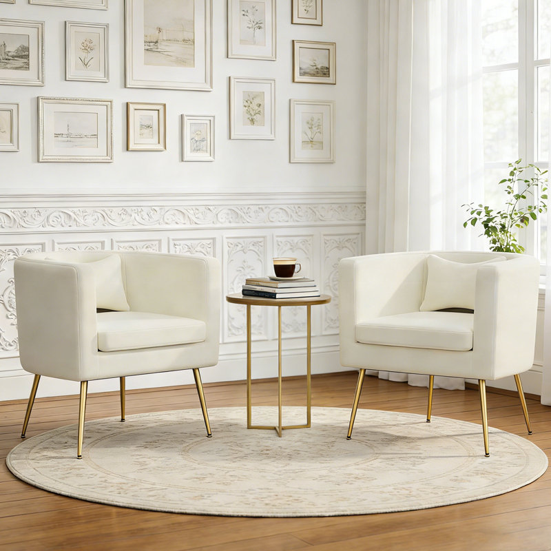 Upholstered Velvet Barrel Chair with Metal Legs, Ivory