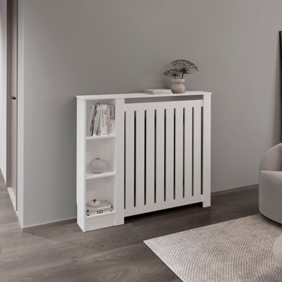 Radiator Cover Cabinet Joseph With Slatted Frame And 3 Shelves, Decorative Heater Cover, Modern Furniture Accent, White