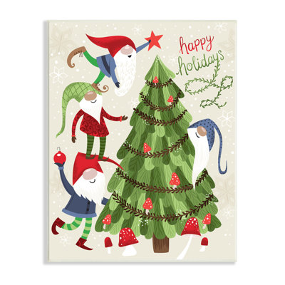 Joyeuses fêtes, gnomes de Noël, champignon, arbre noir, art numérique sur estampe numérique par Arrolynn Weiderhold