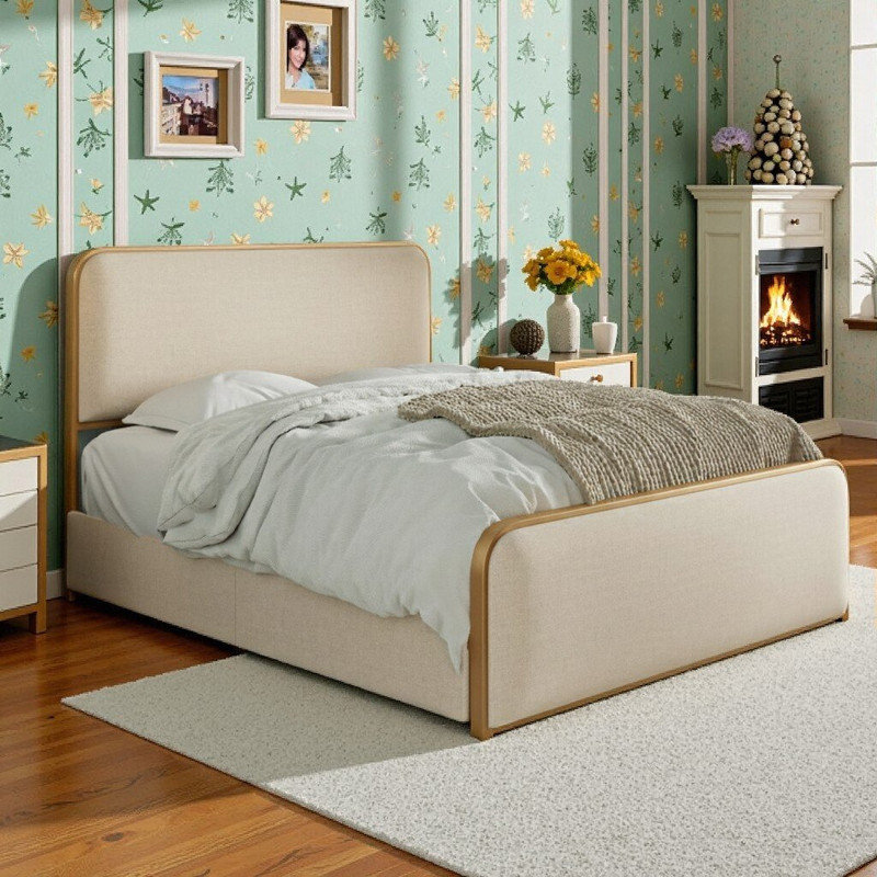 Queen Size Upholstered Metal Bed Frame With Headboard Footboard & 4 Storage Drawers, Drawers, Queen