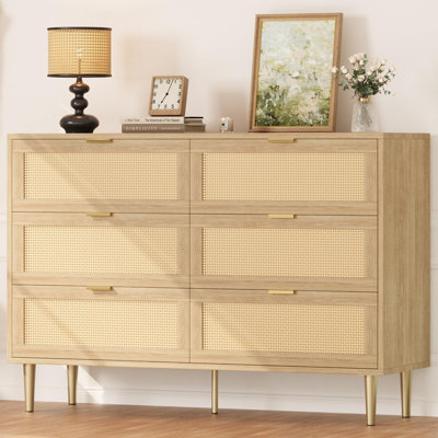 6 Drawer Rattan Dresser with Gold Accents, Wide Double Dresser with Anti-Tipping Design, Large Tabletop Storage Cabinet