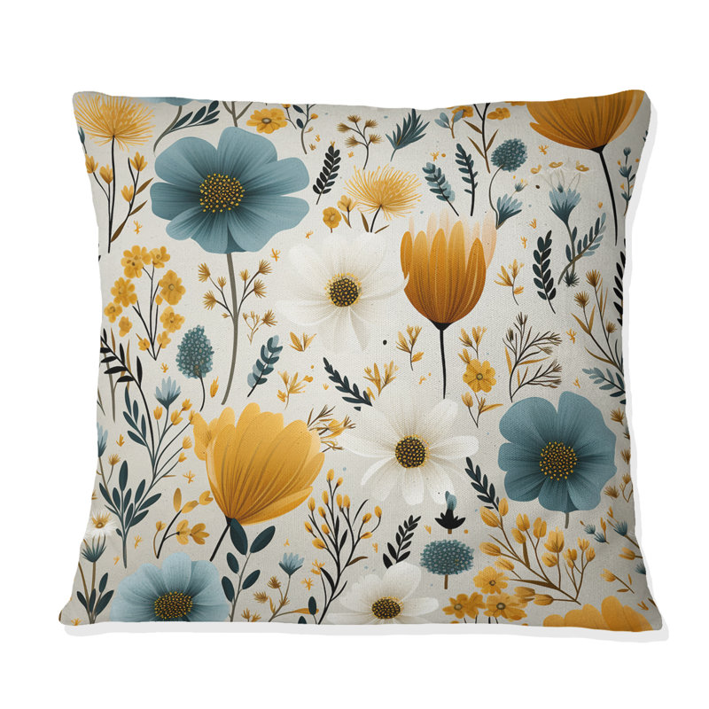 Coussin décoratif jaune et bleu avec fleurs nordiques Serenity, H 16 po x l 16 po