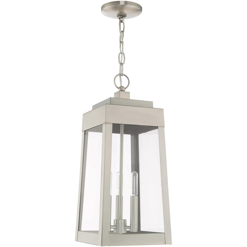 3 Light Outdoor Pendant Lantern with Clear Glass Shade, 19.75" H x 8.25" W x 8.25" D,  Brushed Nickel