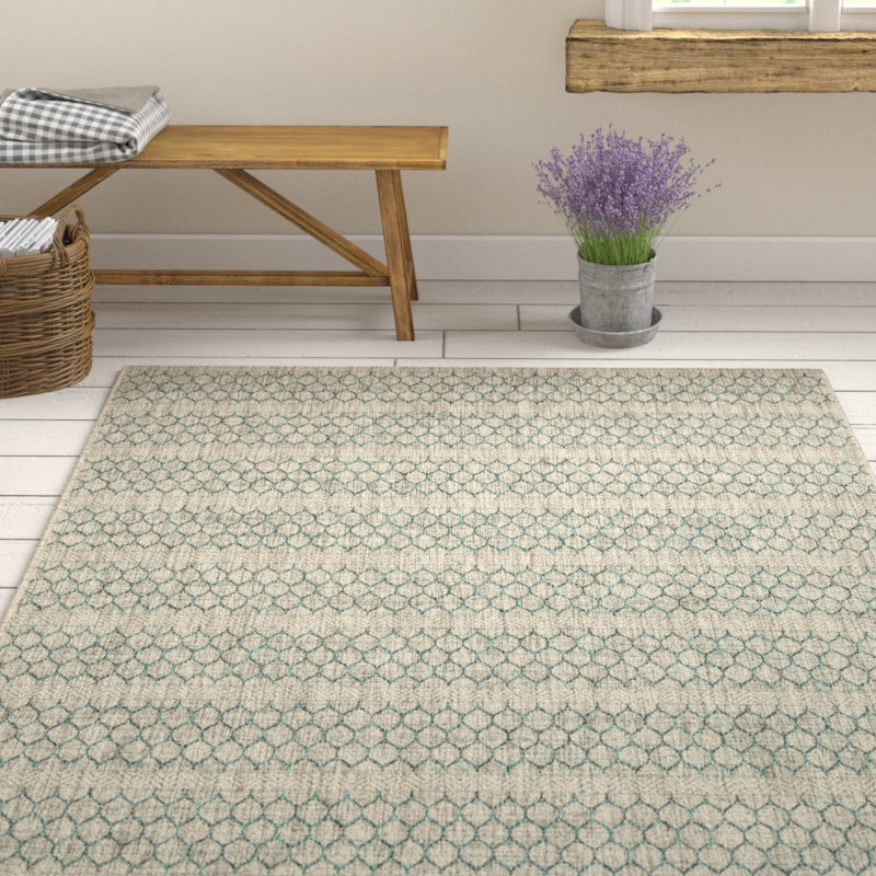 Jimmu Gray/Teal Indoor/Outdoor Area Rug, Rectangle 3'11" x 5'10"
