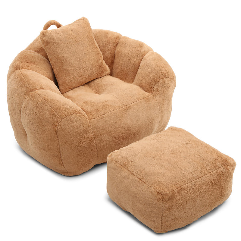 Fauteuil à billes surdimensionné avec repose-pieds, Fausse fourrure orange