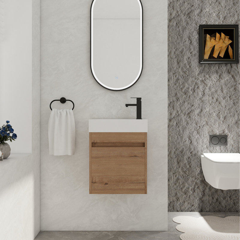 Meuble-lavabo mural de 18 po avec lavabo en résine et porte à fermeture en douceur, style moderne, imitation chêne 18 po, lavabo, Allure, rangement spacieux, couleur
