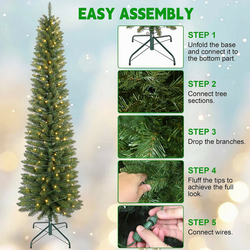 Arbre de Noël 6 pi avec 150 lumières DEL blanc chaud - arbre en PVC mince avec 358 pointes, conception compacte, support en métal stable, facile à assembler
