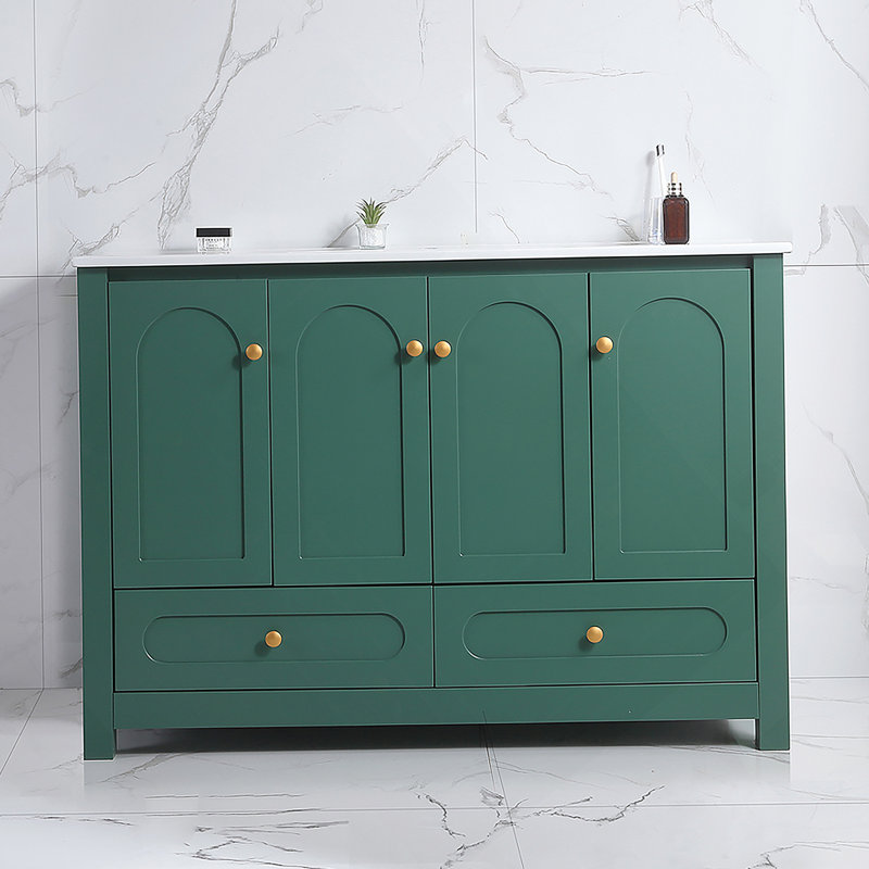 Ensemble de meuble-lavabo vert 48 po avec lavabo en céramique et armoire de rangement abondante, Vert