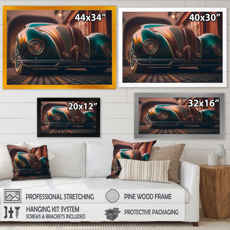 «Vintage Retro Car pendant Golden Hour I», reproduction sur toile, H 12 po x l 20 po x P 1 po, Encadrement doré