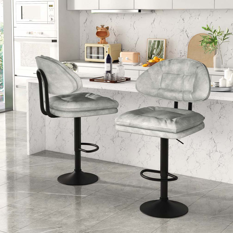 Swivel Adjustable Height Bar Stools Set of 2, Light Grey Seat/Black Frame
