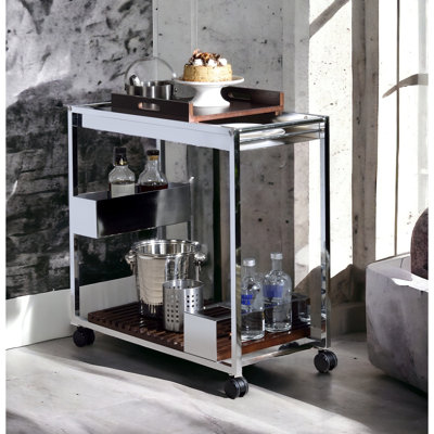 Chariot de service de finition moderne, 2 sections ouvertes, porte-bouteille de vin et étagère de rangement pour verres à pied