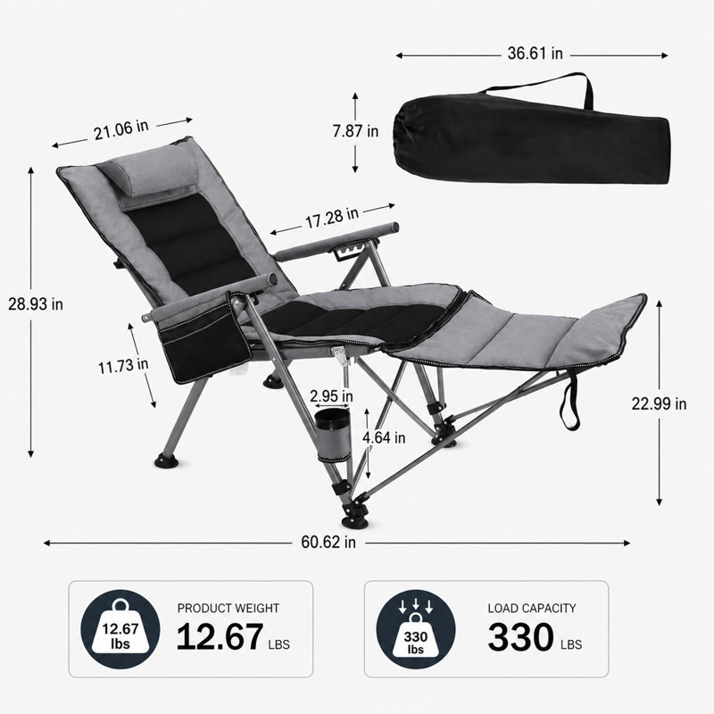 Chaise de camping inclinable 3-en-1 avec repose-pieds et sac de transport, gris, Gray