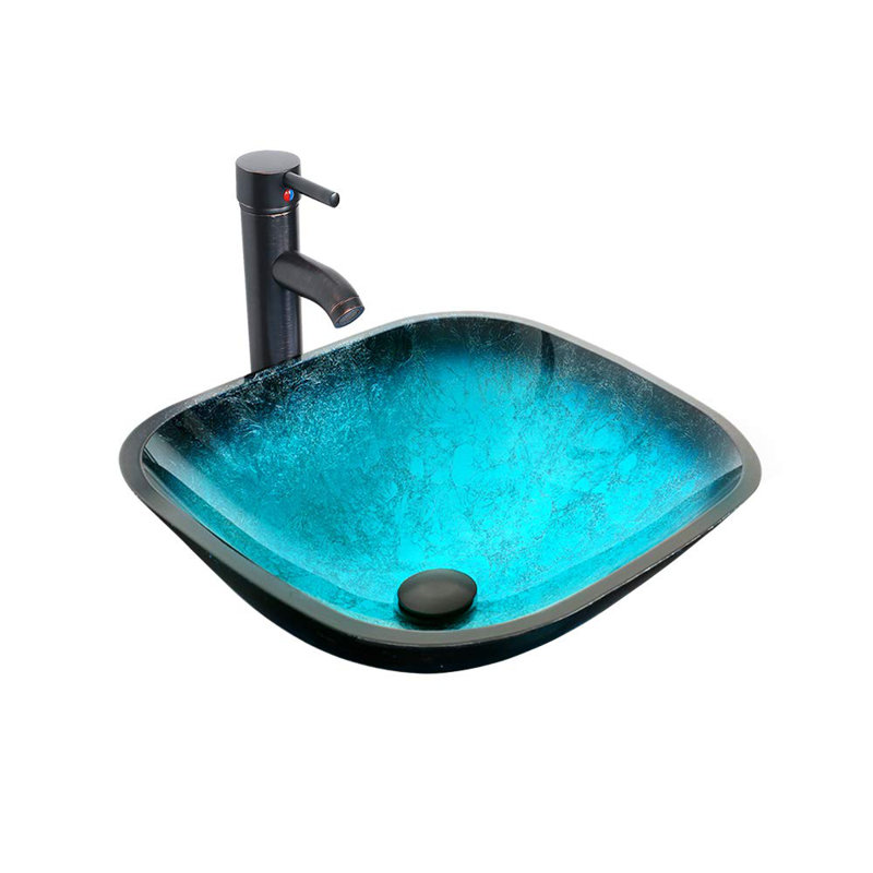 Lavabo de salle de bain vasque carré en verre fait à la main avec robinet économiseur d'eau 16 po, Turquoise