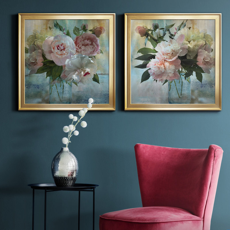 " Peony Bouquet I " 2 - Pieces Painting Print, Gold, 17.5" H x 35" W x 1.5" D
