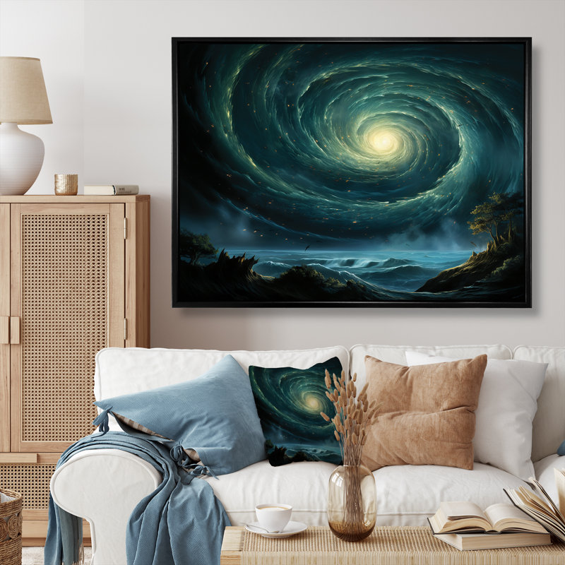 Art mural vert vert trou noir céleste, Cadre flottant noir, H 30 po x l 40 po x P 1,5 po