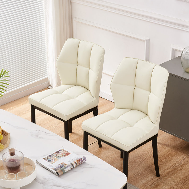 Raffertie 19.6" H PU Leather Upholstered Modern Dining Chairs With Black Metal Frame and Checker-Shaped Backerst, Cream, 4