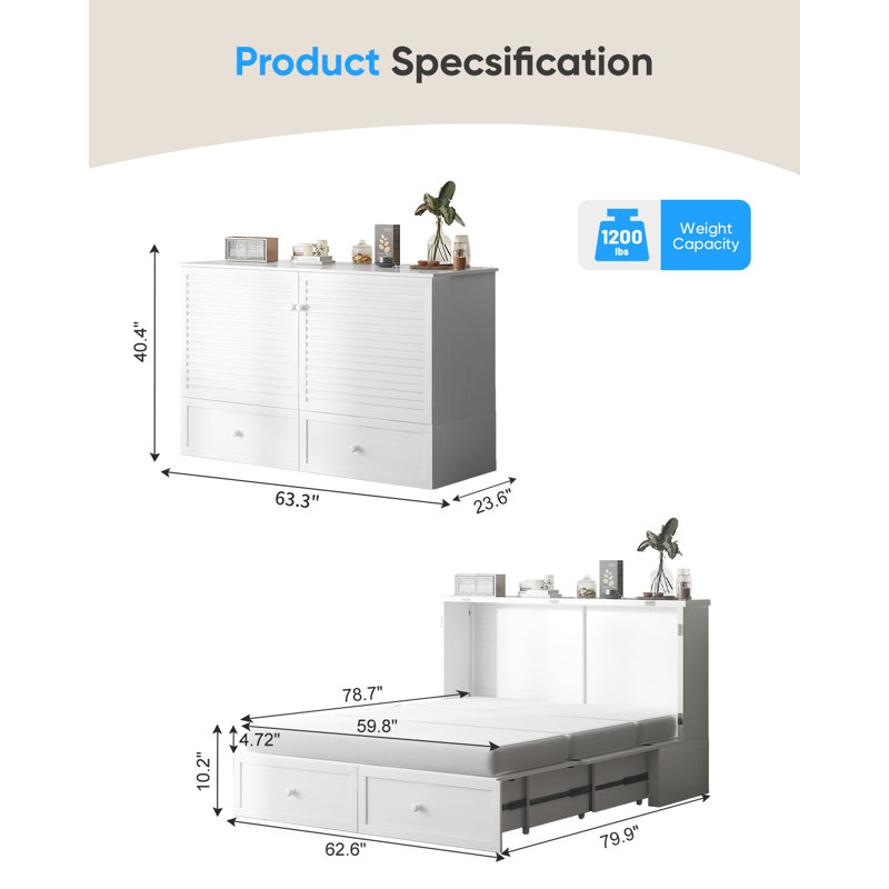 Grand lit escamotable avec station de charge et 2 tiroirs, blanc, Blanc