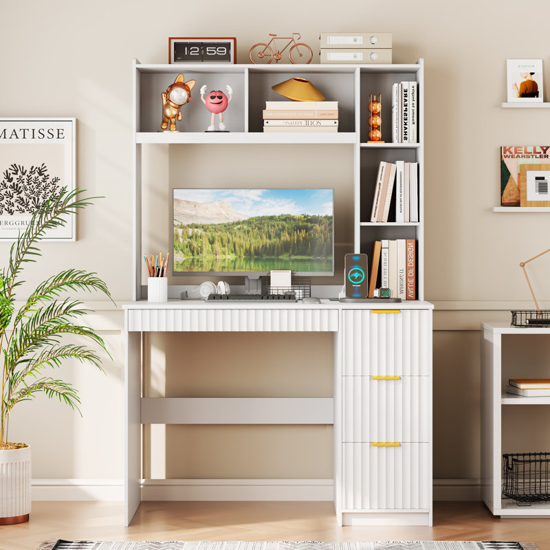 4-Drawer Computer Desk with Bookshelves and Led Lighting, Home Office Desk with Charging Station, White