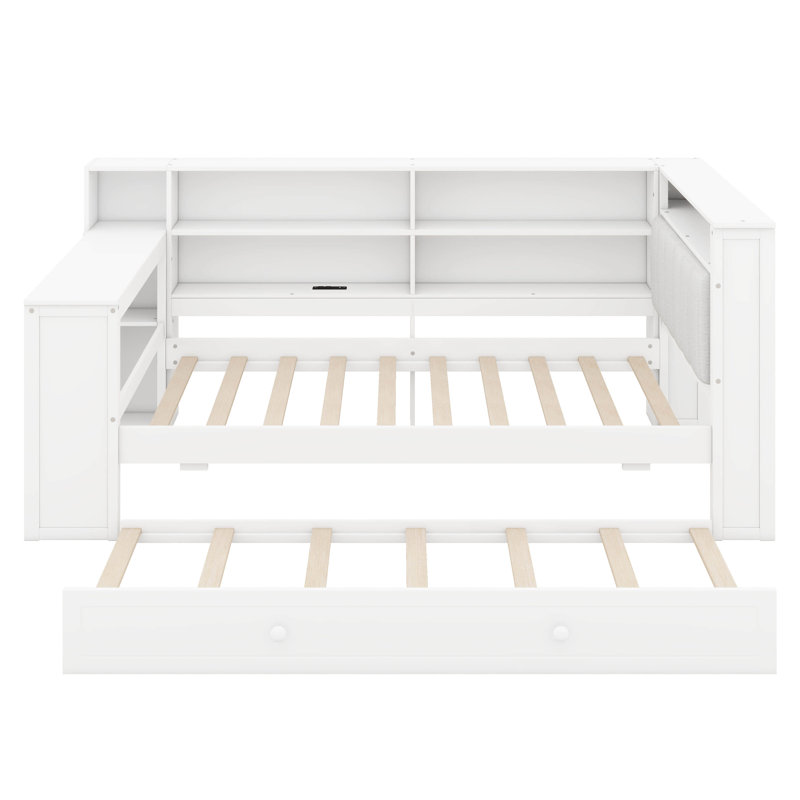 Twin Size Platform Bed With Shelves And Trundle, Wood Daybed With Charging Station, LED, Desk And Upholstered Headboard