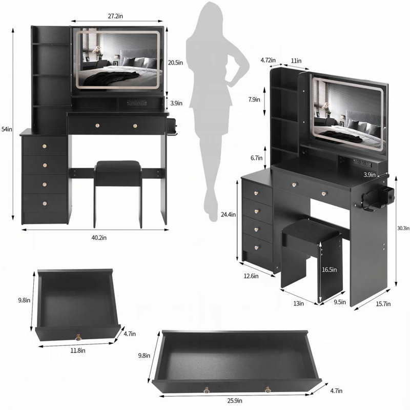 Ensemble de meuble-lavabo de 41 po avec commode gauche de grande taille + ensemble de commode avec tabouret rembourré, 2 centrales AC + 2 USB, support pour séchoir à cheveux, très grand miroir à DEL tactile, interrupteur 3 couleurs, EPA, GCC, certificat UL