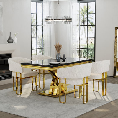5 Piece Faux Marble And Gold Dining Table Set With 4 White Boucle Armrest Dining Chairs